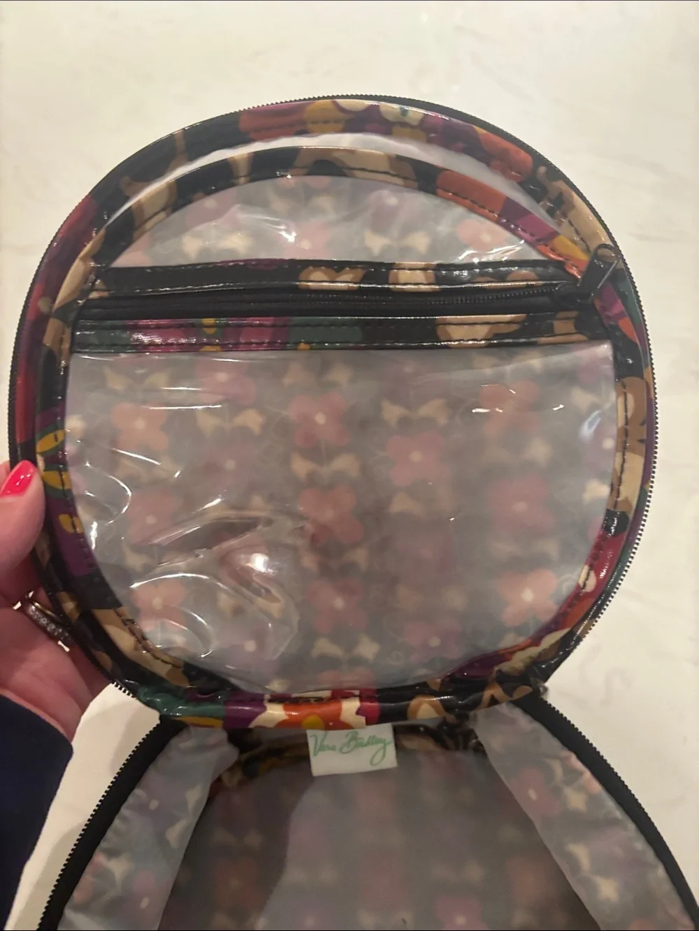 Vera Bradley Floral Pattern Round Cosmetic Bag in Black and Purple